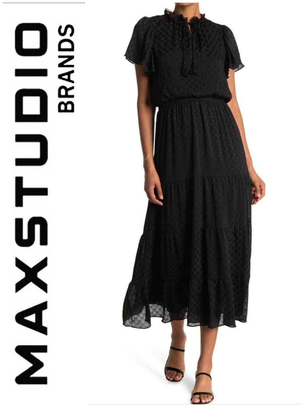 Shiny Dot Jacquard Flutter Sleeve Dress